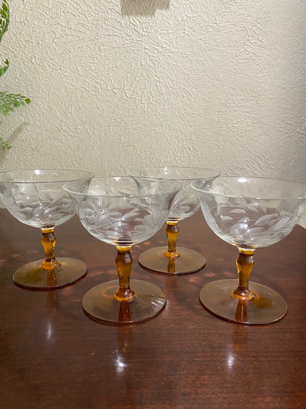 Vintage, Set of 4, Amber Stemmed Champagne Glasses with Floral Etching